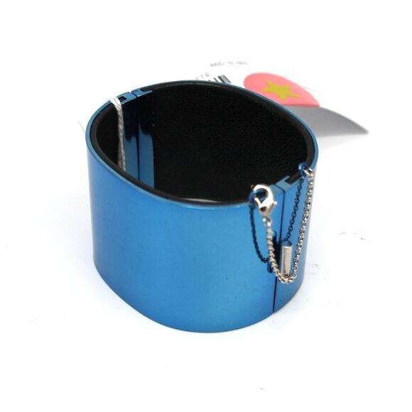 CELINE Minimal Manchette Cuff Bracelet Blue Metal Silver Chain Medium NEW Italy - Picture 2 of 7